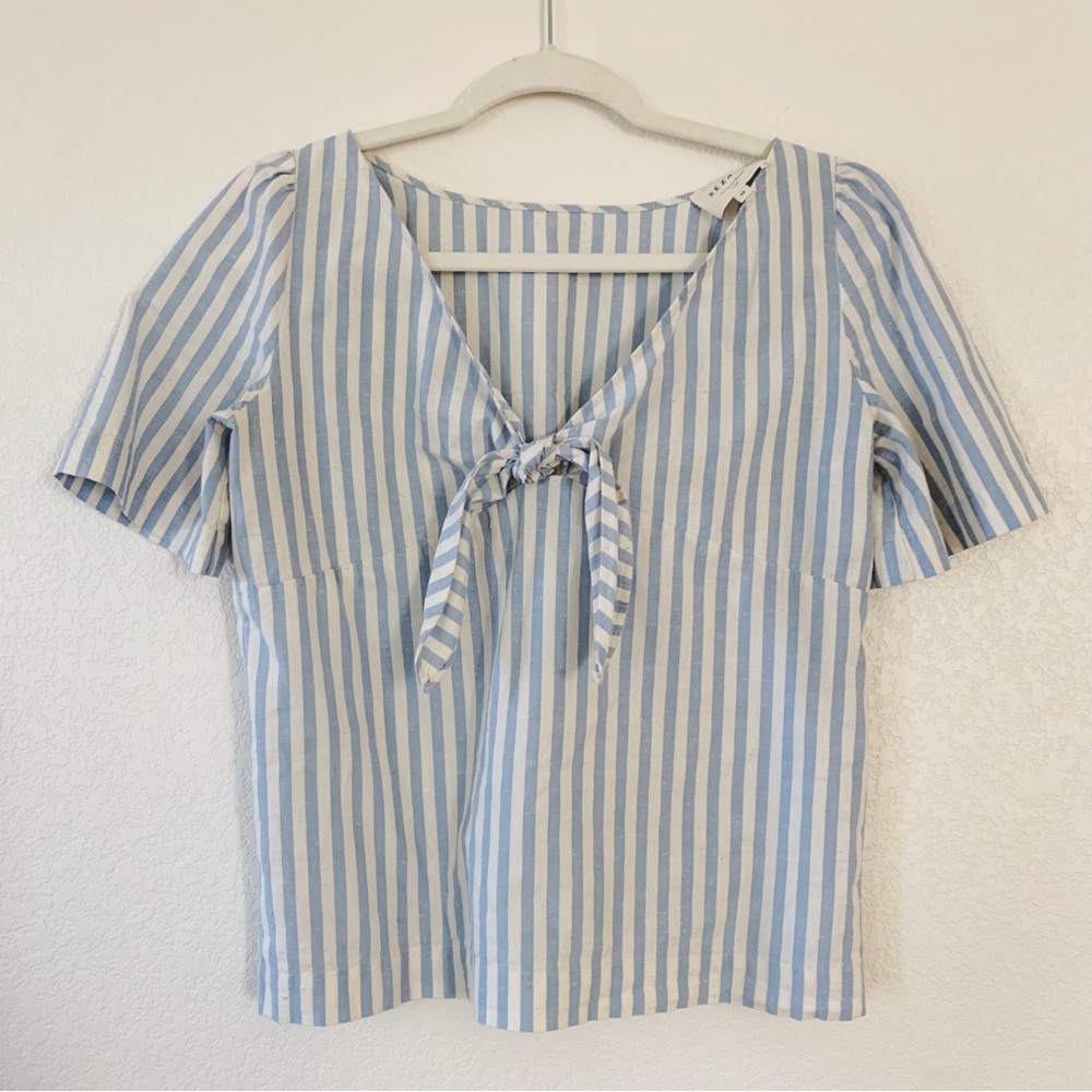 Sezane Massia Blue Striped Tie Front Short Sleeved Top